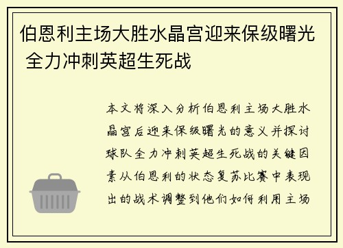 伯恩利主场大胜水晶宫迎来保级曙光 全力冲刺英超生死战