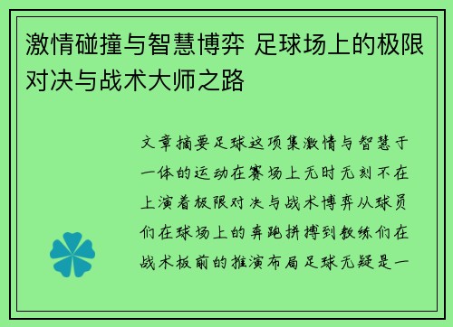 激情碰撞与智慧博弈 足球场上的极限对决与战术大师之路