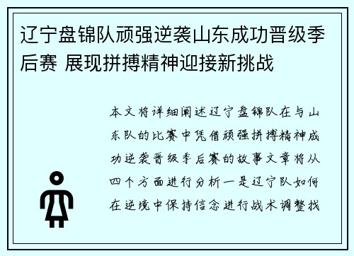 辽宁盘锦队顽强逆袭山东成功晋级季后赛 展现拼搏精神迎接新挑战