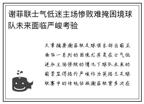 谢菲联士气低迷主场惨败难掩困境球队未来面临严峻考验