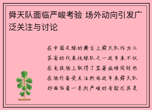 舜天队面临严峻考验 场外动向引发广泛关注与讨论