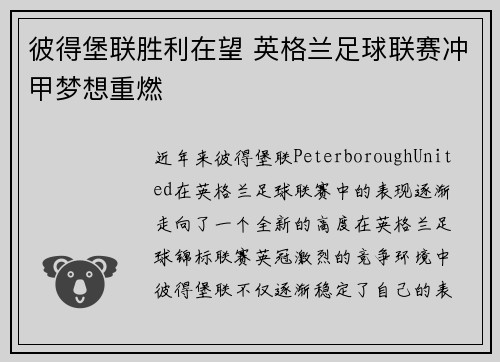 彼得堡联胜利在望 英格兰足球联赛冲甲梦想重燃