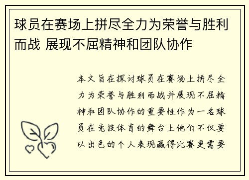 球员在赛场上拼尽全力为荣誉与胜利而战 展现不屈精神和团队协作